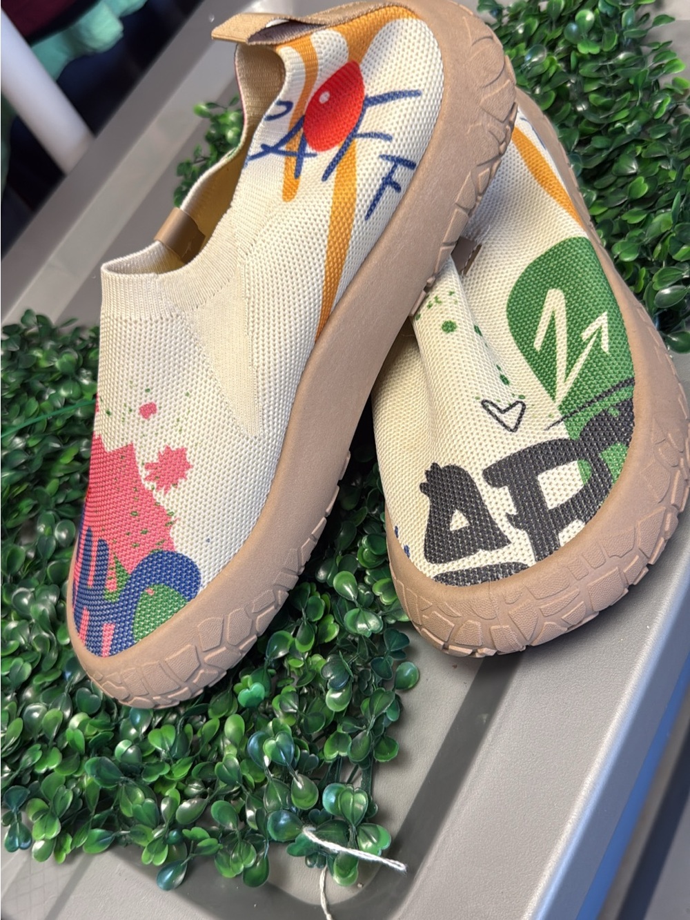 Women’s Slip-On Knit Sneakers in Beige with Colorful Graphic Print
